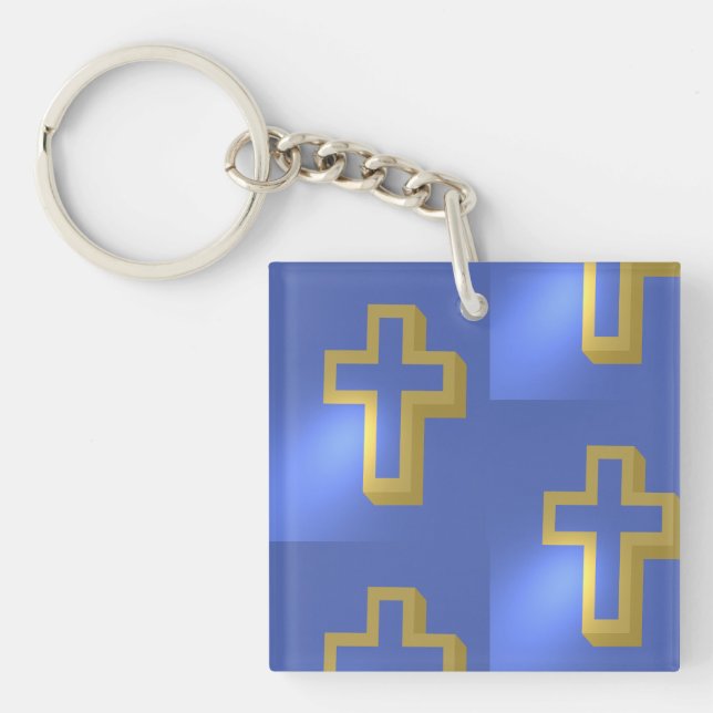 Easter Gold Christian Religious Cross Blue Pattern Keychain (Front)