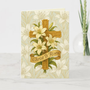 Easter Gold Cross Lilies Christ is Risen Holiday Card