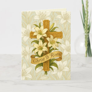 Easter Gold  Cross Lilies Christ is Risen  Holiday Card