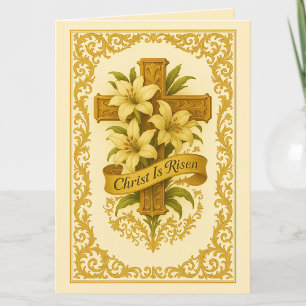 Easter Gold  Cross Lilies Christ is Risen  Holiday Card