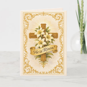 Easter Gold  Cross Lilies He is Risen Holiday Card