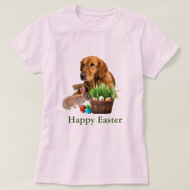 Easter Golden Retriever Dog and Rabbit Pink T-Shirt (Design Front)