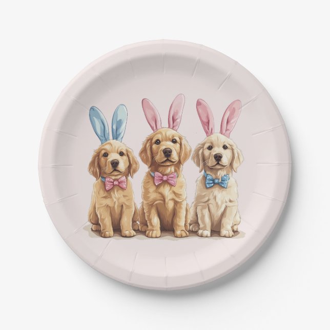 Easter Golden Retriever Dogs Bunny Ears Paper Plates (Front)