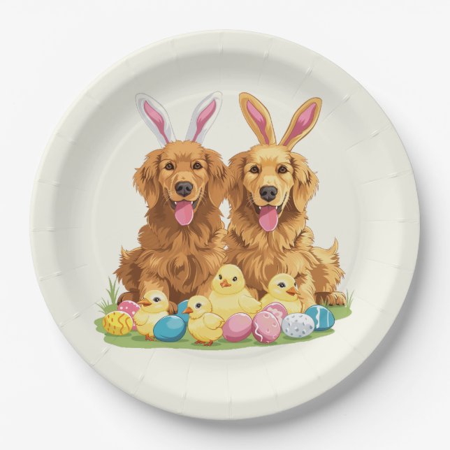 Easter Golden Retriever Dogs Bunny Ears Paper Plates (Front)