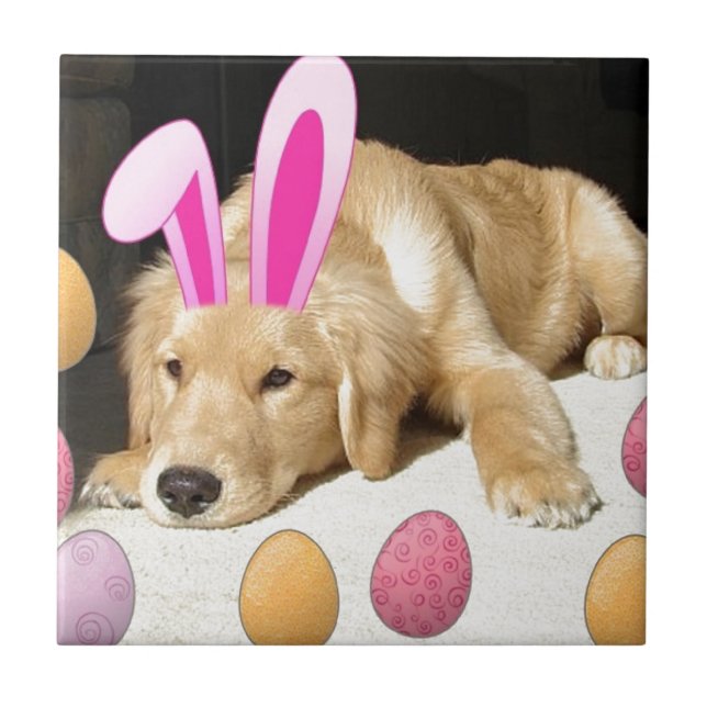 Easter Golden Retriever Puppy Ceramic Tile (Front)