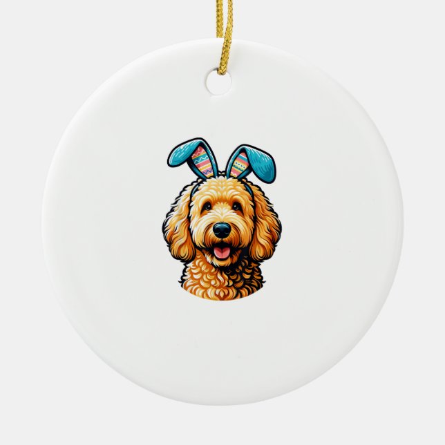 Easter Goldendoodle Dog Wearing Bunny Ears, Easter Ceramic Ornament (Front)
