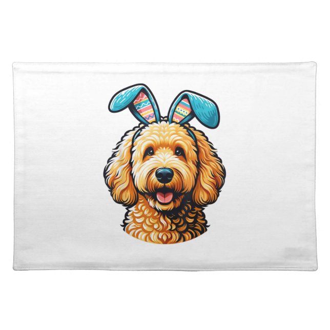 Easter Goldendoodle Dog Wearing Bunny Ears, Easter Cloth Placemat (Front)