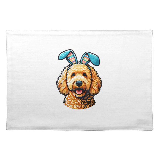 Easter Goldendoodle Dog Wearing Bunny Ears, Easter Cloth Placemat (Front)