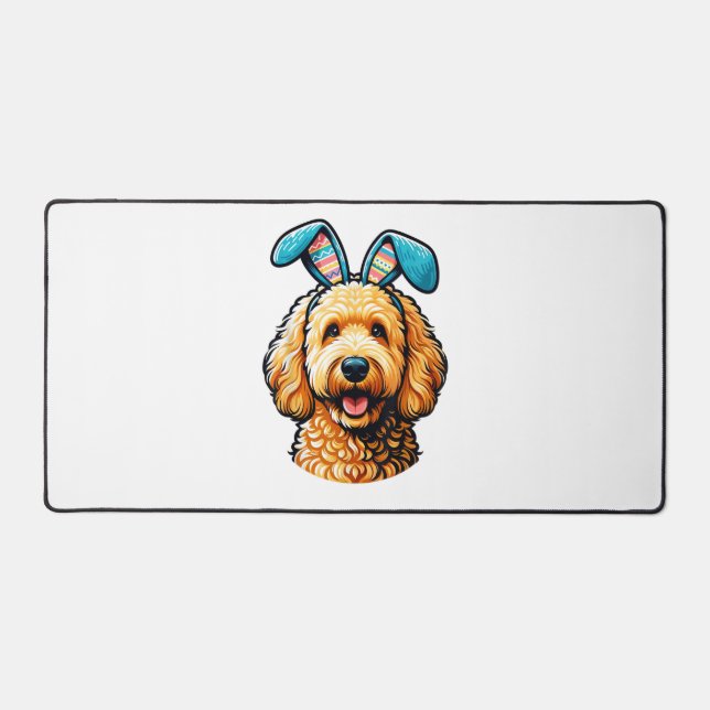 Easter Goldendoodle Dog Wearing Bunny Ears, Easter Desk Mat (Front)