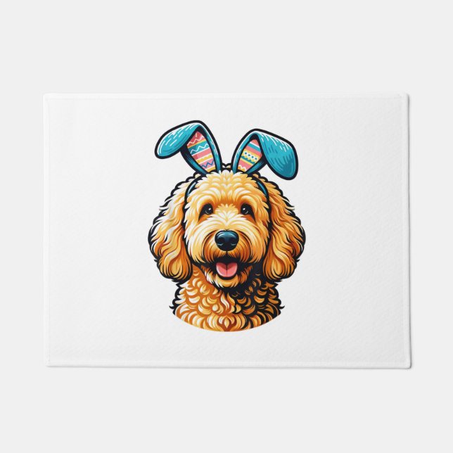 Easter Goldendoodle Dog Wearing Bunny Ears, Easter Doormat (Front)