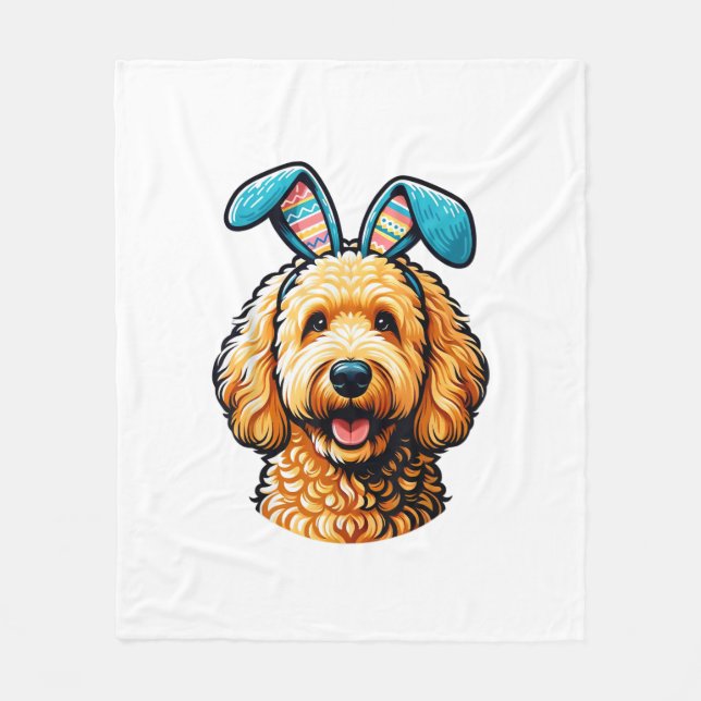 Easter Goldendoodle Dog Wearing Bunny Ears, Easter Fleece Blanket (Front)
