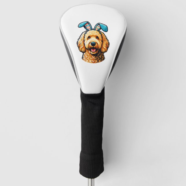 Easter Goldendoodle Dog Wearing Bunny Ears, Easter Golf Head Cover (Front)