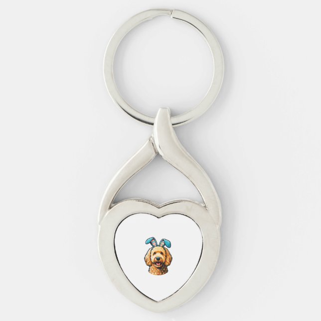 Easter Goldendoodle Dog Wearing Bunny Ears, Easter Keychain (Front)