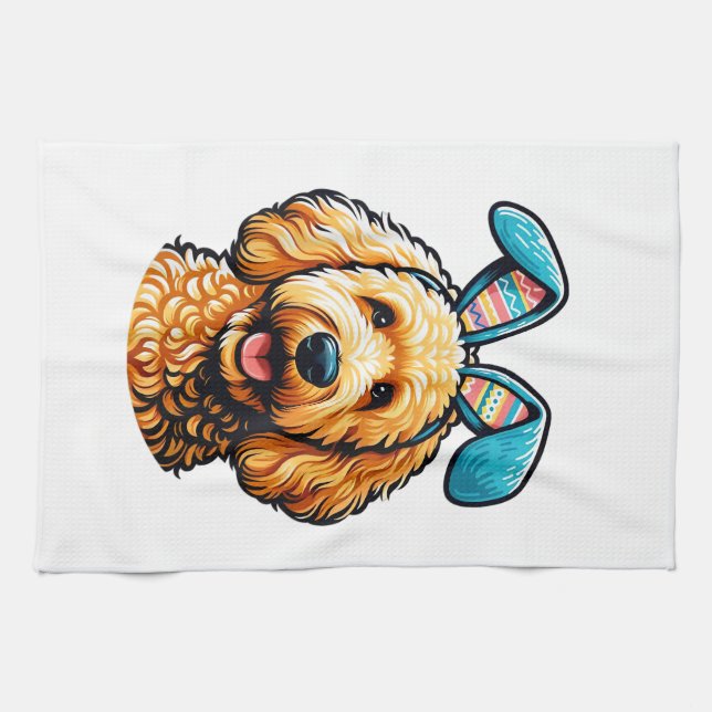 Easter Goldendoodle Dog Wearing Bunny Ears, Easter Kitchen Towel (Horizontal)