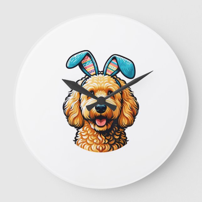 Easter Goldendoodle Dog Wearing Bunny Ears, Easter Large Clock (Front)