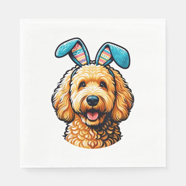 Easter Goldendoodle Dog Wearing Bunny Ears, Easter Napkins (Front)