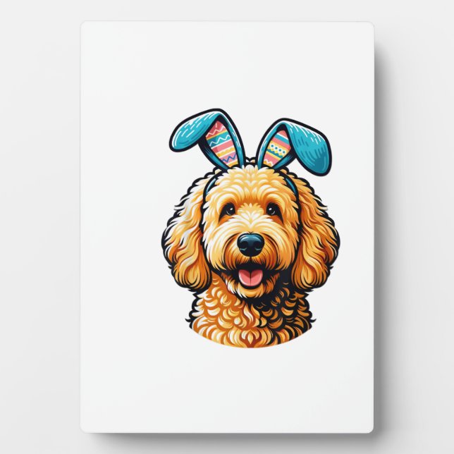 Easter Goldendoodle Dog Wearing Bunny Ears, Easter Plaque (Front)