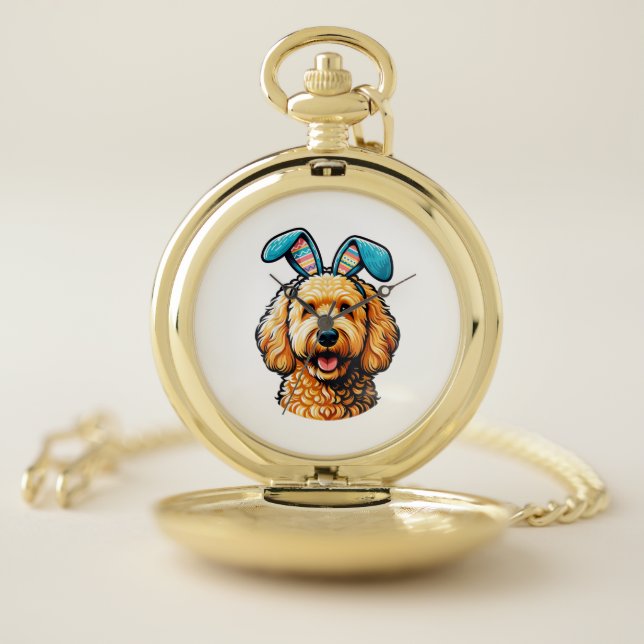 Easter Goldendoodle Dog Wearing Bunny Ears, Easter Pocket Watch (Inside)