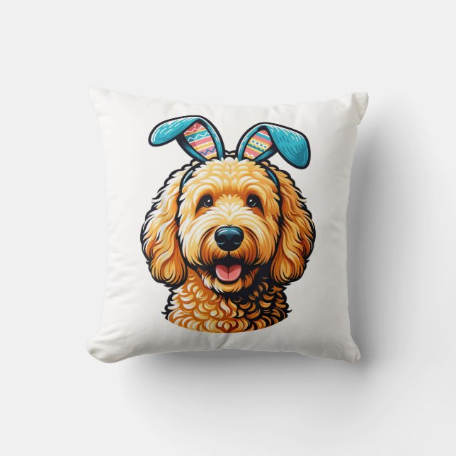 Easter Goldendoodle Dog Wearing Bunny Ears, Easter Throw Pillow (Front)