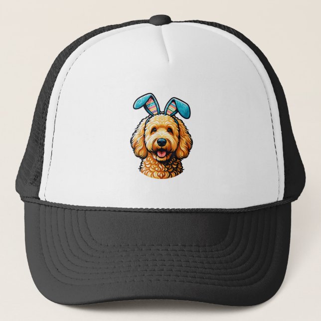 Easter Goldendoodle Dog Wearing Bunny Ears, Easter Trucker Hat (Front)