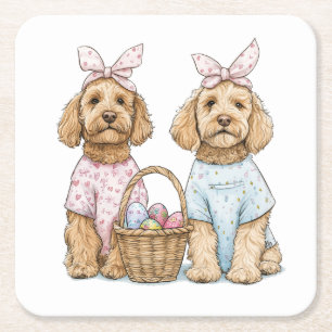 Easter Goldendoodle Dogs Square Paper Coaster
