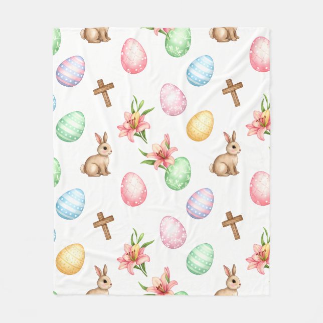 Easter Grace – Seamless Pastel Bunny & Cross Patte Fleece Blanket (Front)