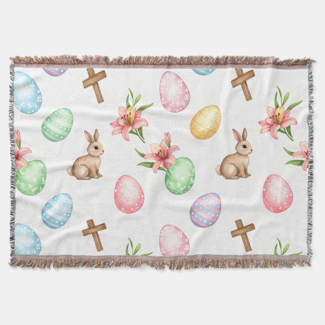 Easter Grace – Seamless Pastel Bunny & Cross Patte Throw Blanket (Front)