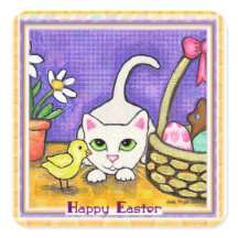 Easter Greeting Cute Cat & Chick Sticker