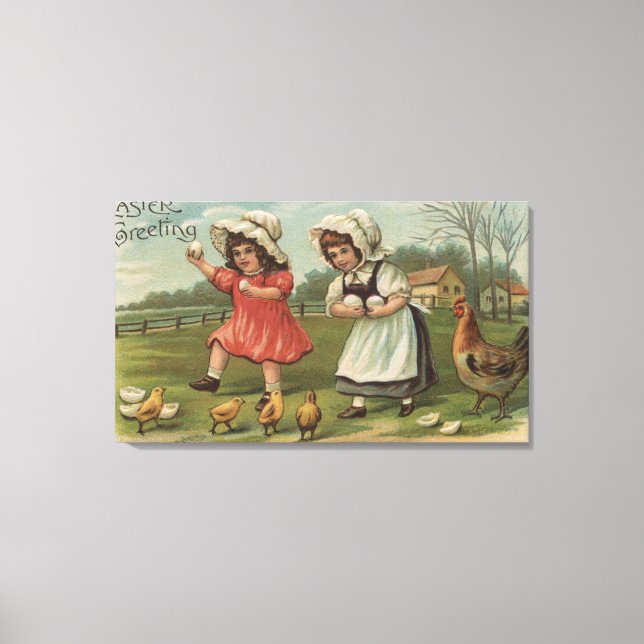 Easter GreetingLittle Girls Holding Eggs Canvas Print (Front)