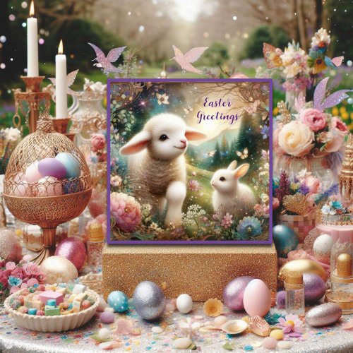 Easter Greetings Art Nouveau Lamb Bunny Woodland  Holiday Card