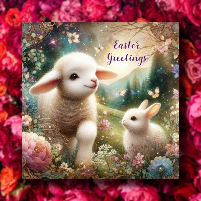 Easter Greetings Art Nouveau Lamb Bunny Woodland  Holiday Card (Creator Uploaded)