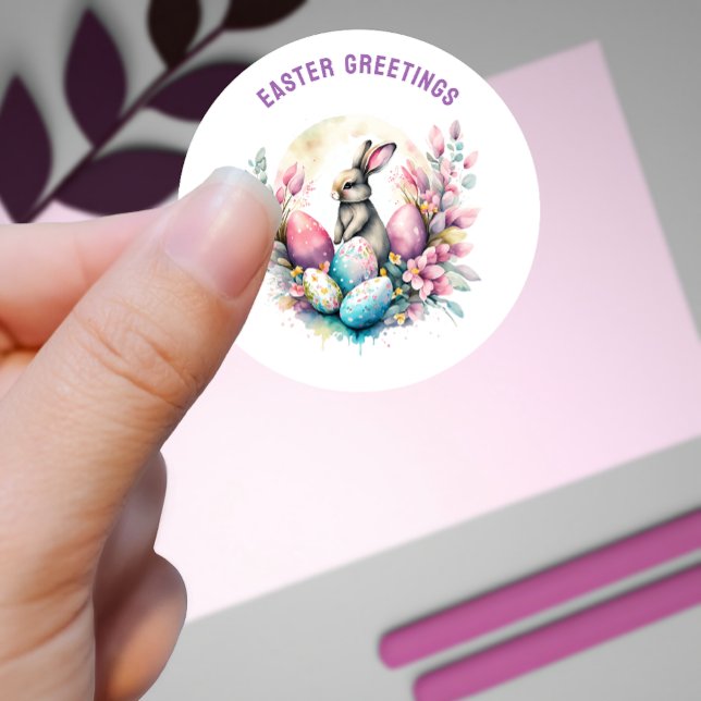 Easter Greetings Bunny and Eggs Custom Classic Round Sticker (Creator Uploaded)