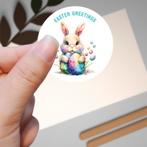 Easter Greetings Bunny and Its Painted Eggs Classic Round Sticker