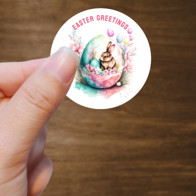 Easter Greetings Bunny Inside Egg Custom Classic Round Sticker (Creator Uploaded)