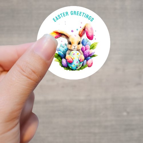 Easter Greetings Bunny Painting Eggs Custom Classic Round Sticker