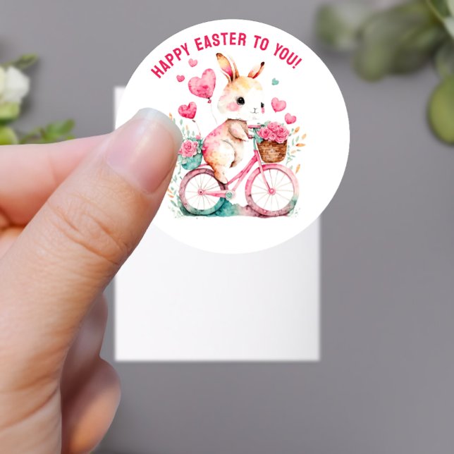 Easter Greetings Bunny Riding Bike Custom Classic Round Sticker (Creator Uploaded)