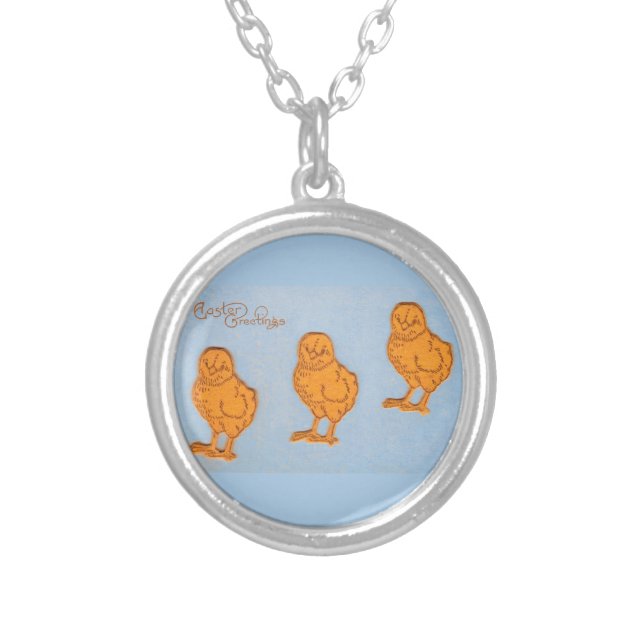 Easter Greetings Chicks Blue Silver Plated Necklace (Front)