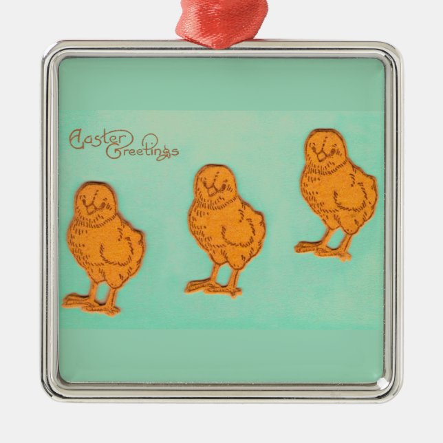 Easter Greetings Chicks Green Metal Ornament (Front)