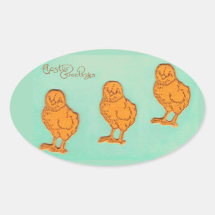Easter Greetings Chicks Green Oval Sticker