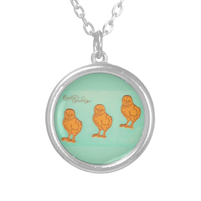 Easter Greetings Chicks Green Silver Plated Necklace (Front)