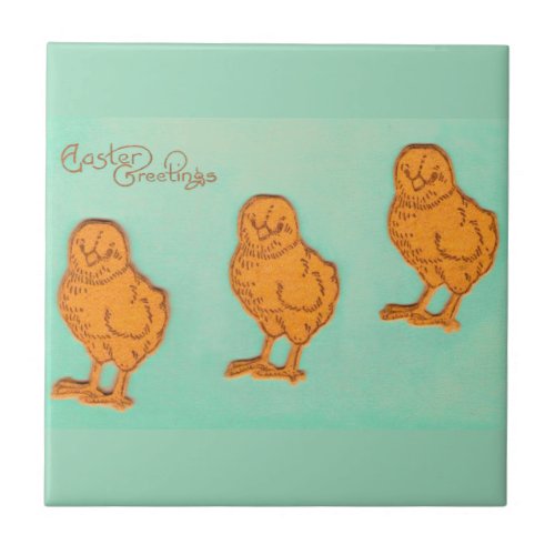 Easter Greetings Chicks Green Tile