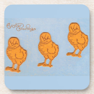 Easter Greetings Chicks in Blue Beverage Coaster