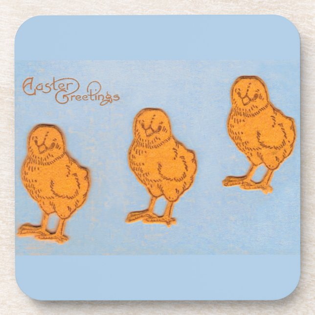 Easter Greetings Chicks in Blue Beverage Coaster (Front)