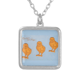 Easter Greetings Chicks in Blue Silver Plated Necklace