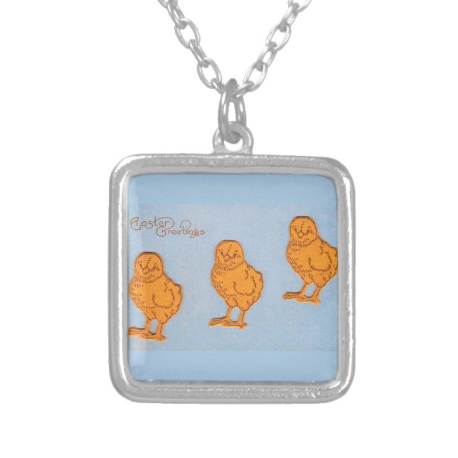 Easter Greetings Chicks in Blue Silver Plated Necklace (Front)