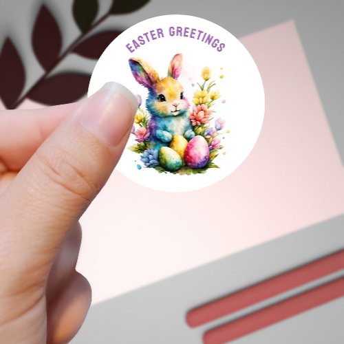 Easter Greetings Colorful Bunny Custom Classic Round Sticker