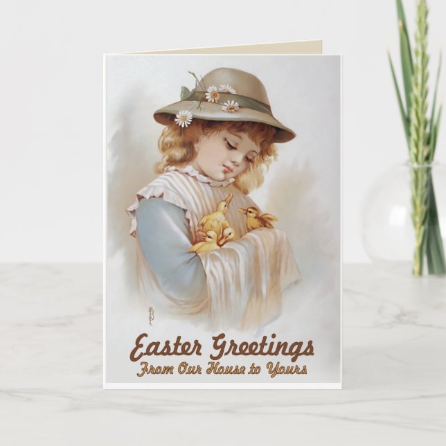 Easter Greetings Girl with Baby Ducks Holiday Card (Front)