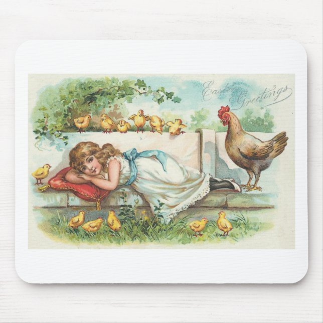 Easter Greetings Hen Chicks & Girl Vintage Mouse Pad (Front)