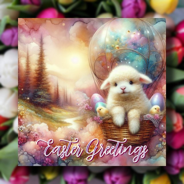 Easter Greetings Hot Air Balloon Lamb Holiday Card (Creator Uploaded)