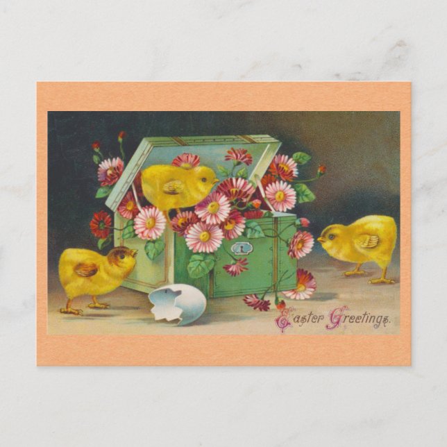 Easter Greetings Vintage Cute Chicks Floral  Postcard (Front)